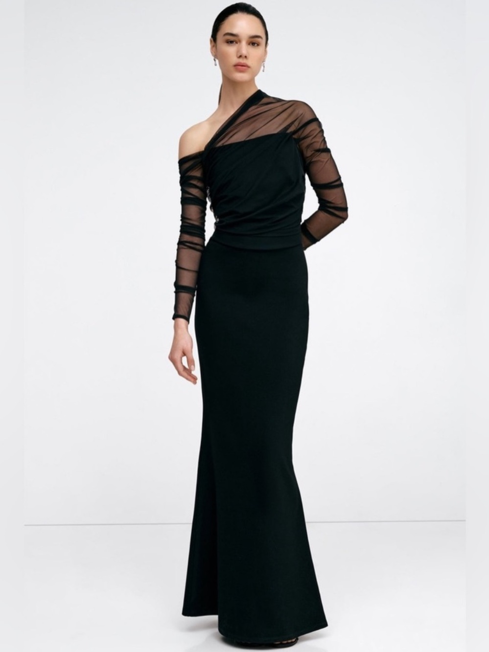 Marcella MYC Monroe One Shoulder Mesh Long Sleeve Gown Size Small Black NWOT